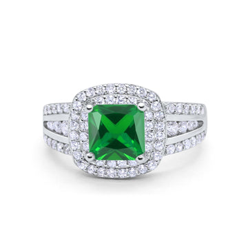 Halo Art Deco Wedding Ring  Round Simulated Green Emerald CZ 925 Sterling Silver